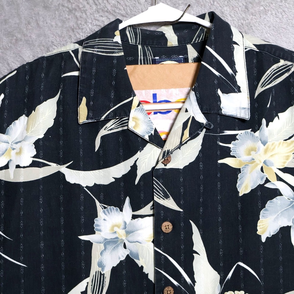 Vintage Tommy Bahama Shirt Mens Large Black Stripe Floral Hawaiian Camp Casual